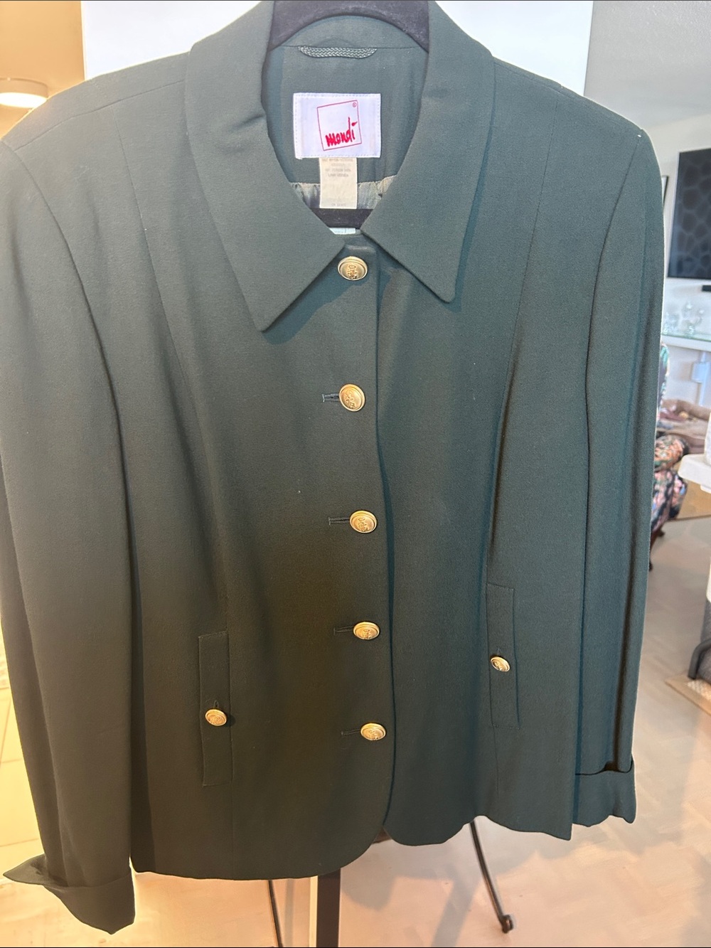 Mondi Forest Green cool wool gold Button-Front Women's Jacket. Cuff sleeves